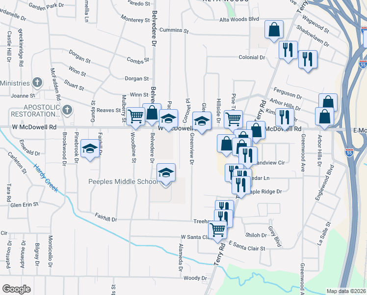 map of restaurants, bars, coffee shops, grocery stores, and more near 2655 Key Street in Jackson