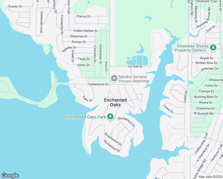 map of restaurants, bars, coffee shops, grocery stores, and more near 114 Castlewood Road in Enchanted Oaks