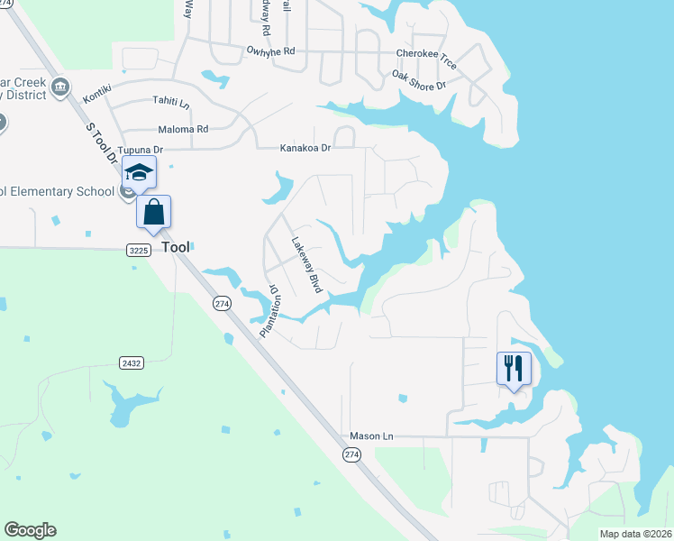 map of restaurants, bars, coffee shops, grocery stores, and more near 118 Ridgeoak Way in Tool