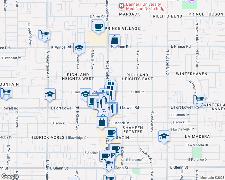 map of restaurants, bars, coffee shops, grocery stores, and more near 3250 North Campbell Avenue in Tucson