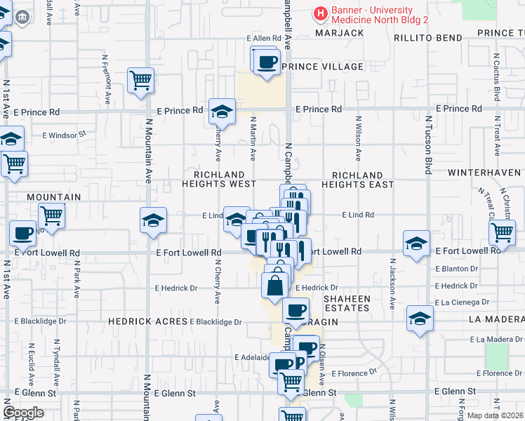 map of restaurants, bars, coffee shops, grocery stores, and more near 1656 East Lind Road in Tucson