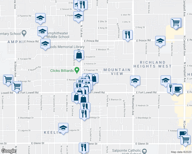map of restaurants, bars, coffee shops, grocery stores, and more near 3250 North Tyndall Avenue in Tucson
