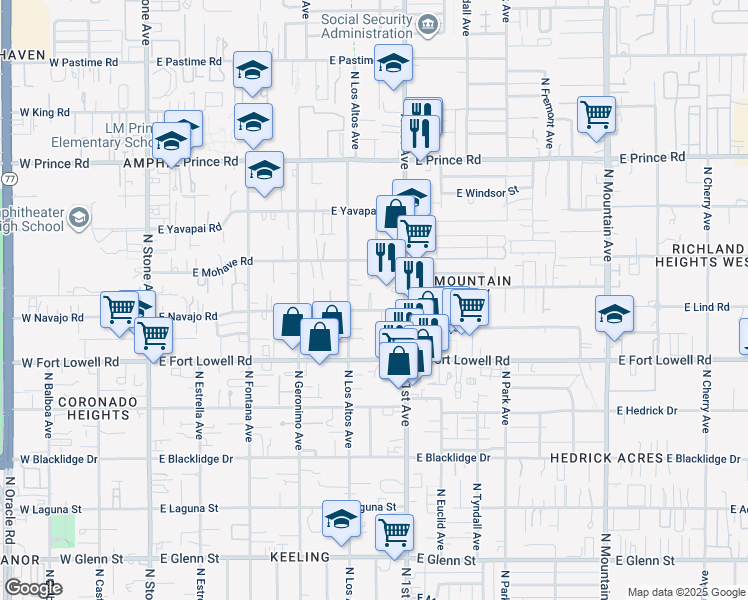 map of restaurants, bars, coffee shops, grocery stores, and more near 525 East Navajo Road in Tucson