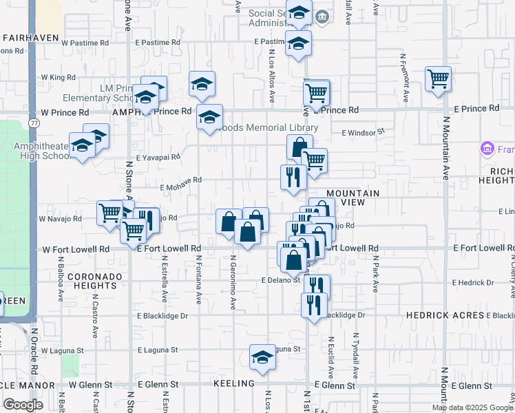 map of restaurants, bars, coffee shops, grocery stores, and more near 450 East Navajo Road in Tucson