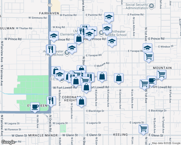 map of restaurants, bars, coffee shops, grocery stores, and more near 1 East Navajo Road in Tucson