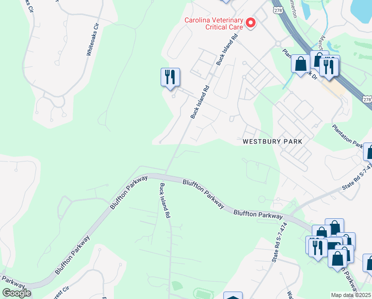 map of restaurants, bars, coffee shops, grocery stores, and more near 119 State Road S-7-29 in Bluffton