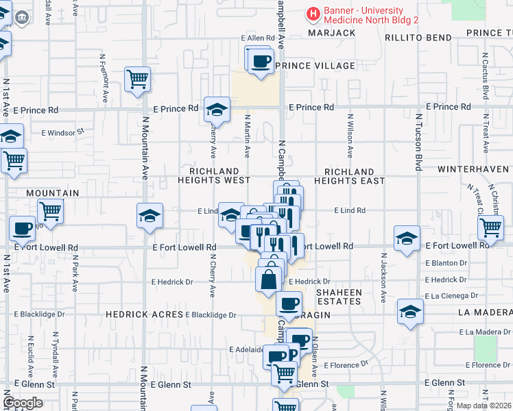 map of restaurants, bars, coffee shops, grocery stores, and more near 1656 East Lind Road in Tucson