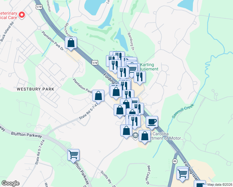 map of restaurants, bars, coffee shops, grocery stores, and more near 868 Fording Island Road in Bluffton