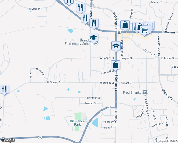 map of restaurants, bars, coffee shops, grocery stores, and more near 408 Overby Street in Brandon