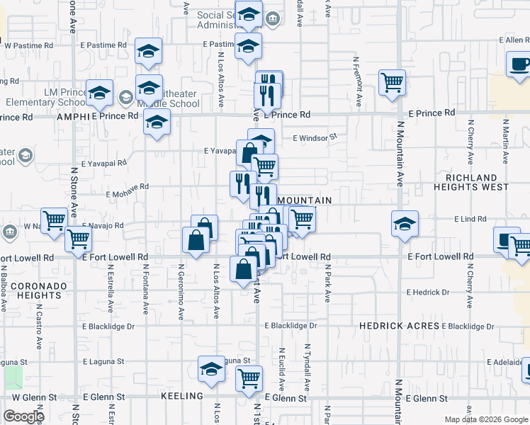 map of restaurants, bars, coffee shops, grocery stores, and more near 3255 North 1st Avenue in Tucson