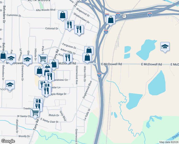 map of restaurants, bars, coffee shops, grocery stores, and more near 2838 Kingswood Avenue in Jackson