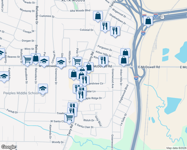 map of restaurants, bars, coffee shops, grocery stores, and more near 2832 Milton Drive in Jackson