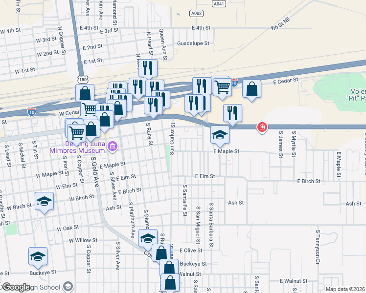 map of restaurants, bars, coffee shops, grocery stores, and more near 712 East Maple Street in Deming