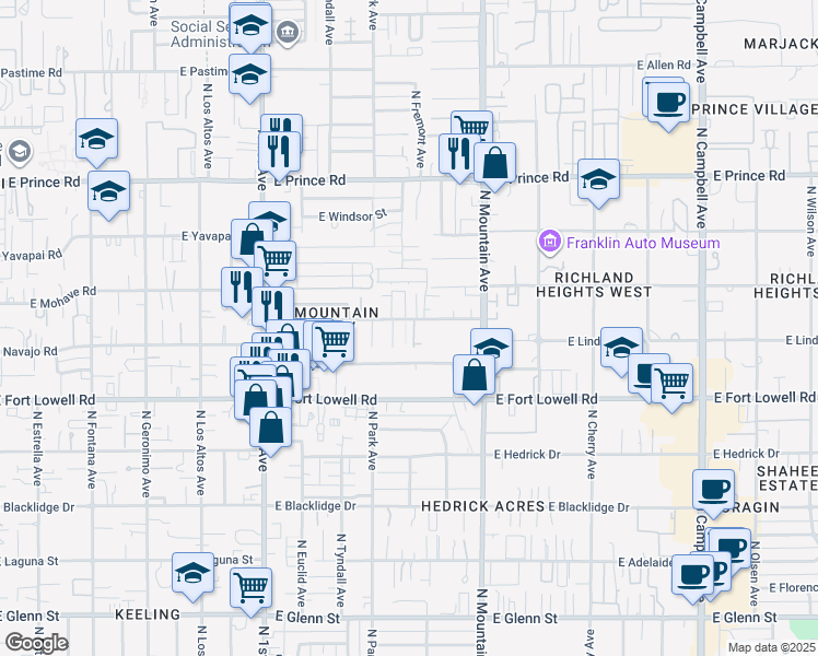 map of restaurants, bars, coffee shops, grocery stores, and more near 1049 East Navajo Road in Tucson