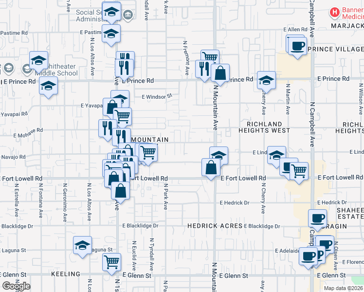 map of restaurants, bars, coffee shops, grocery stores, and more near 1049 East Navajo Road in Tucson
