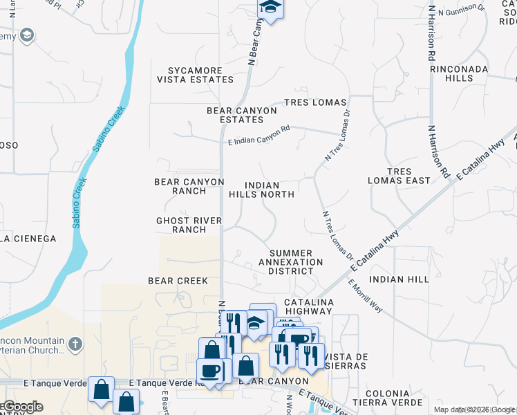 map of restaurants, bars, coffee shops, grocery stores, and more near 8912 East Indian Bend Road in Tucson
