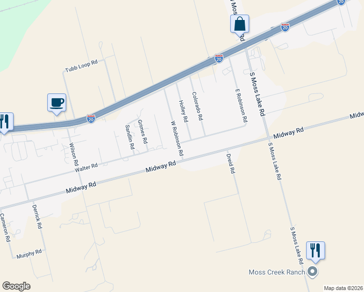map of restaurants, bars, coffee shops, grocery stores, and more near 301 West Robinson Road in Big Spring