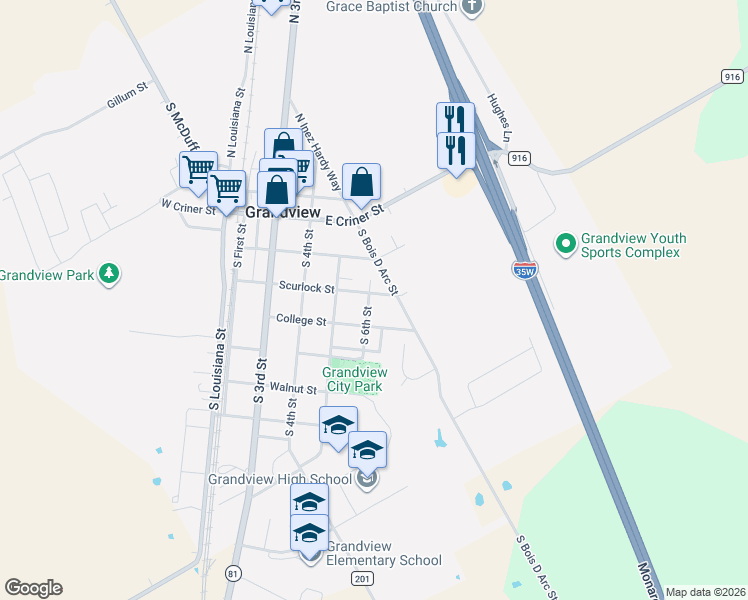 map of restaurants, bars, coffee shops, grocery stores, and more near 505 College Street in Grandview