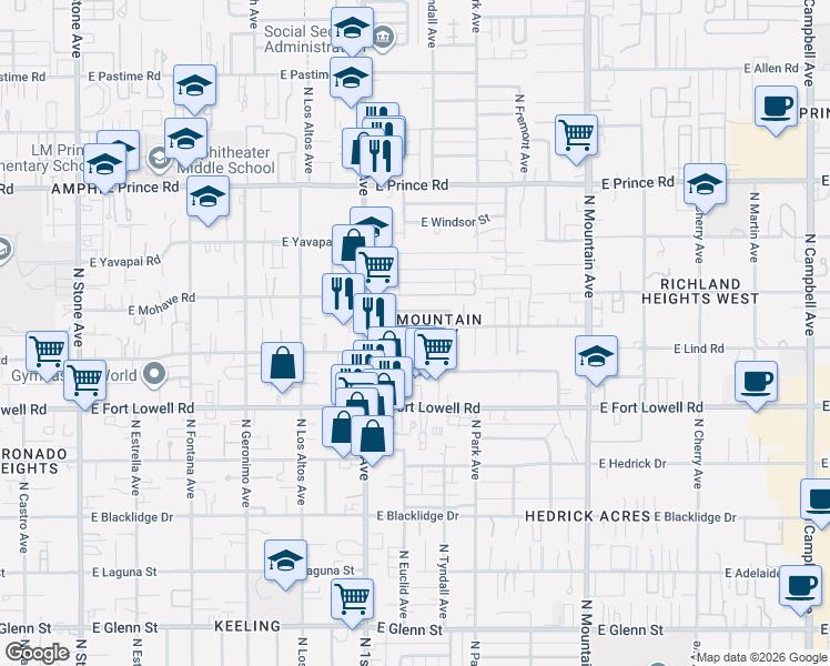 map of restaurants, bars, coffee shops, grocery stores, and more near 808 East Halcyon Road in Tucson