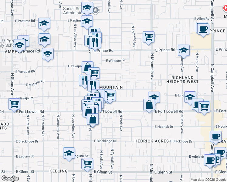 map of restaurants, bars, coffee shops, grocery stores, and more near in Tucson