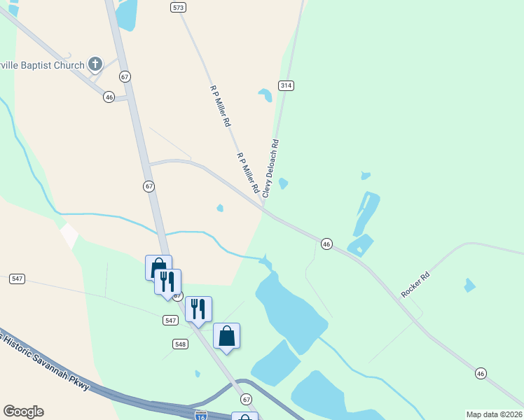 map of restaurants, bars, coffee shops, grocery stores, and more near Clevy Deloach Road in Brooklet