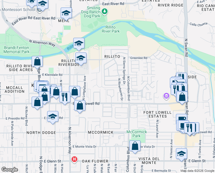 map of restaurants, bars, coffee shops, grocery stores, and more near 4154 East Wading Pond Drive in Tucson