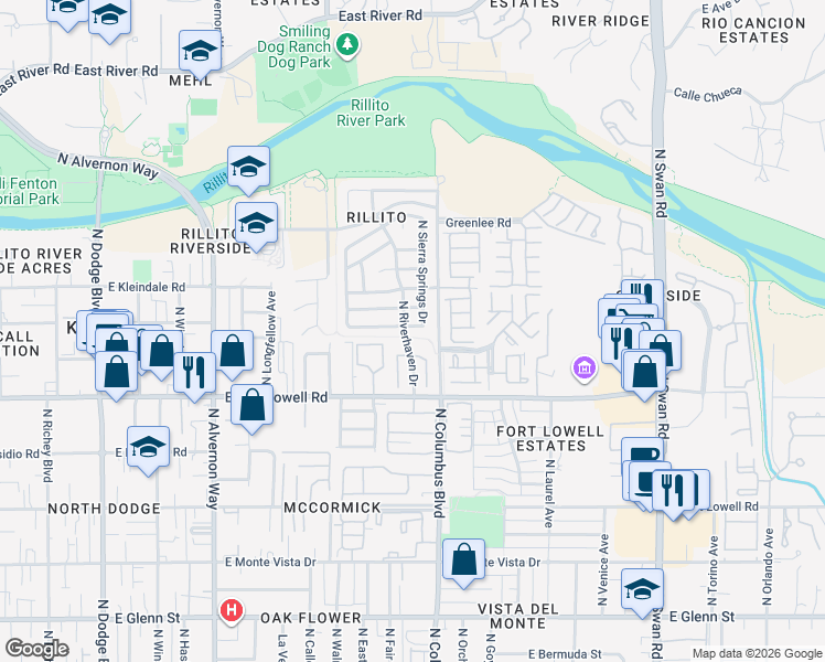 map of restaurants, bars, coffee shops, grocery stores, and more near 4240 East Babbling Brook Drive in Tucson
