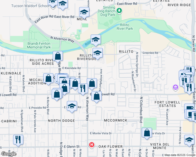 map of restaurants, bars, coffee shops, grocery stores, and more near 3332 North Montezuma Avenue in Tucson