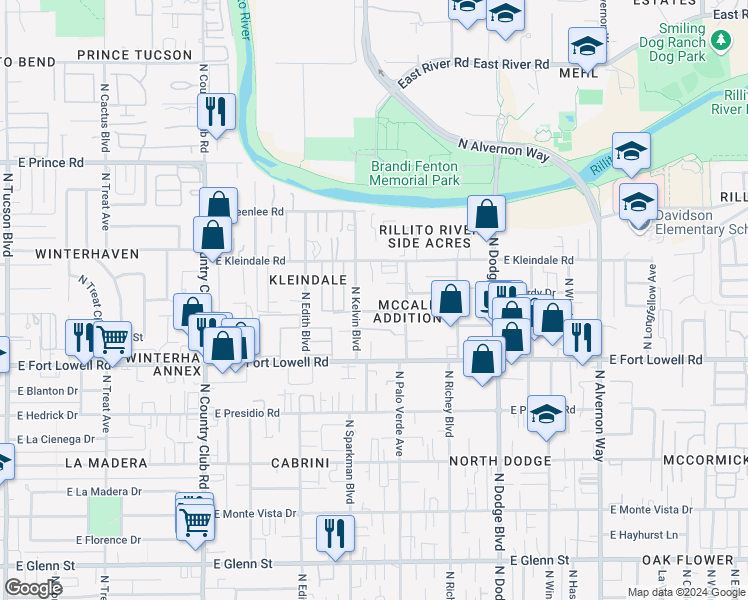 map of restaurants, bars, coffee shops, grocery stores, and more near 3432 East Kleindale Road in Tucson