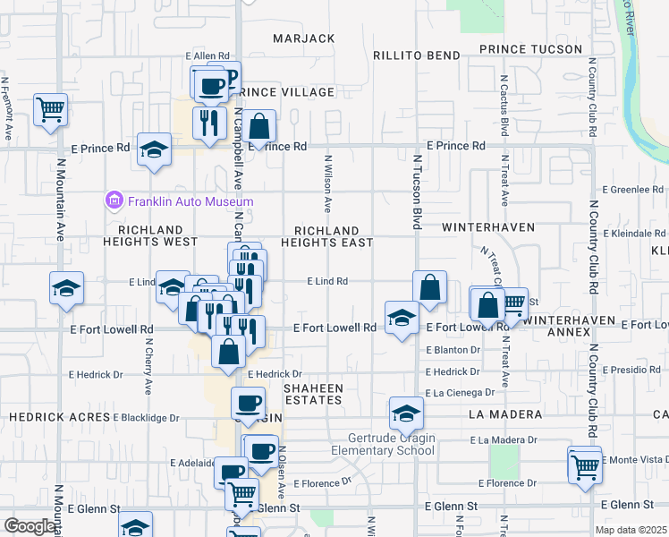 map of restaurants, bars, coffee shops, grocery stores, and more near 2240 East Kleindale Road in Tucson