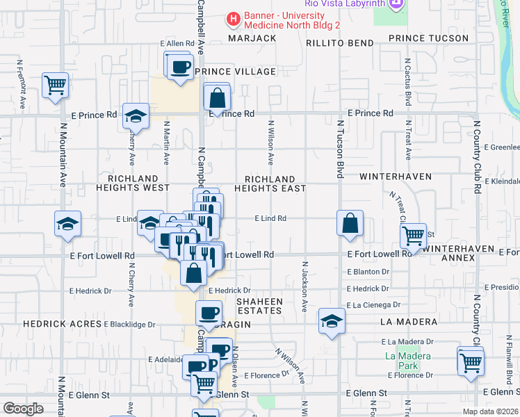 map of restaurants, bars, coffee shops, grocery stores, and more near 3343 North Wilson Avenue in Tucson