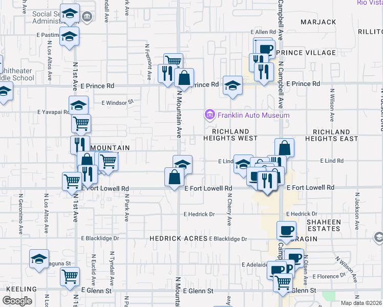 map of restaurants, bars, coffee shops, grocery stores, and more near 3360 North Mountain Avenue in Tucson