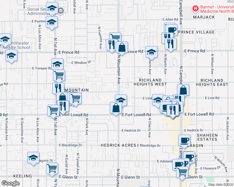 map of restaurants, bars, coffee shops, grocery stores, and more near 3360 North Mountain Avenue in Tucson