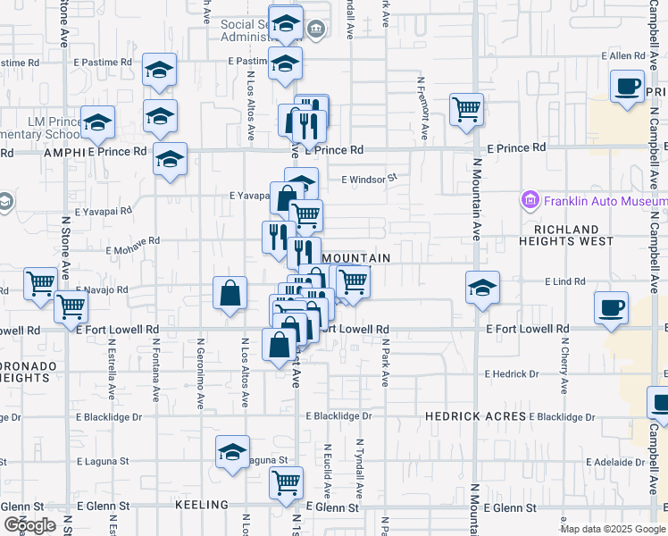 map of restaurants, bars, coffee shops, grocery stores, and more near 817 East Freeman Place in Tucson