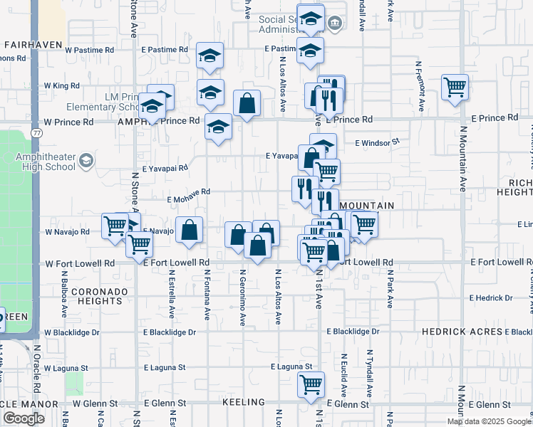 map of restaurants, bars, coffee shops, grocery stores, and more near 438 East Mohave Road in Tucson