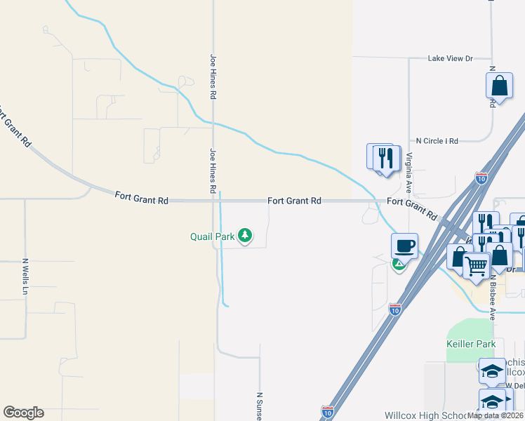 map of restaurants, bars, coffee shops, grocery stores, and more near 1655 Fort Grant Road in Willcox