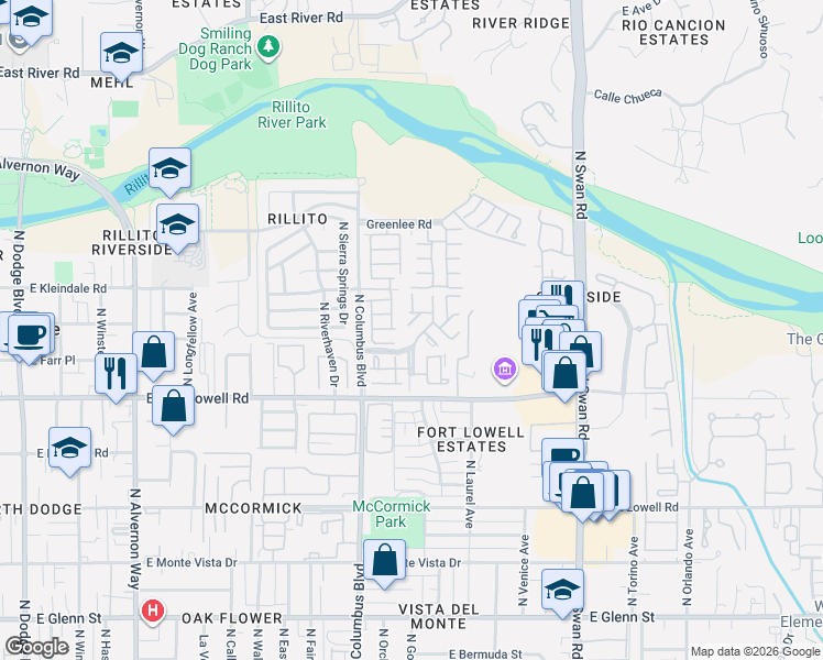 map of restaurants, bars, coffee shops, grocery stores, and more near 4388 East Orchard Drive in Tucson