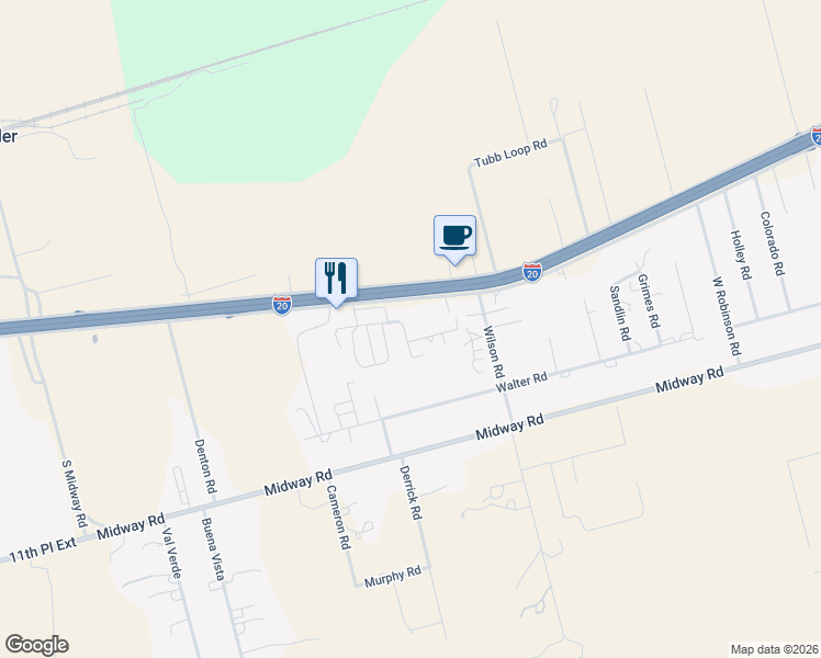 map of restaurants, bars, coffee shops, grocery stores, and more near Interstate 20 Frontage Road in Big Spring