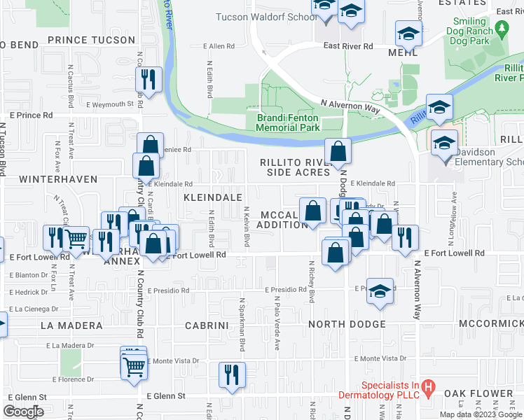 map of restaurants, bars, coffee shops, grocery stores, and more near 3425 East Lind Road in Tucson