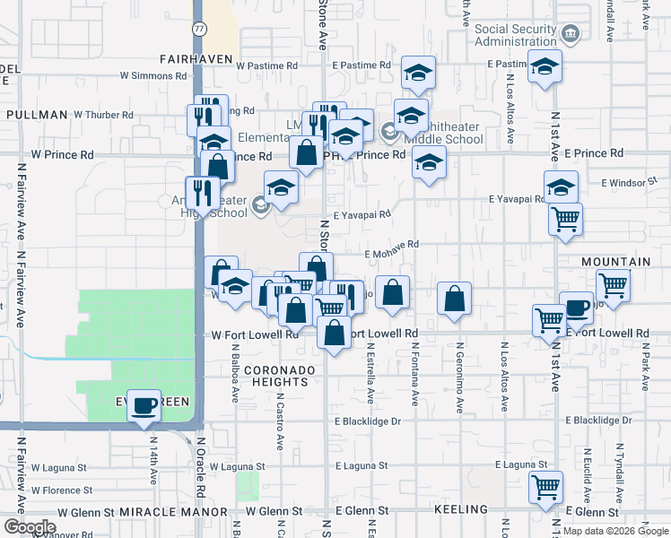 map of restaurants, bars, coffee shops, grocery stores, and more near 30 East Mohave Road in Tucson