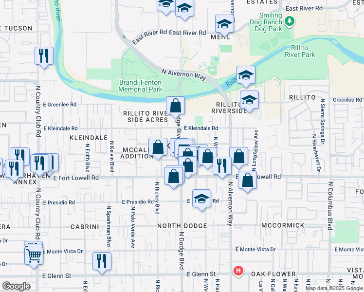 map of restaurants, bars, coffee shops, grocery stores, and more near 3660 East Hardy Drive in Tucson
