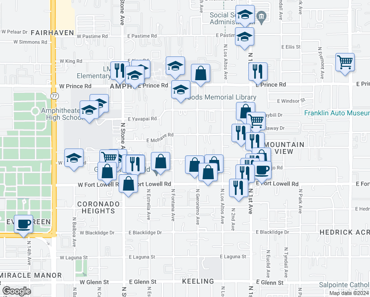 map of restaurants, bars, coffee shops, grocery stores, and more near 312 East Mohave Road in Tucson