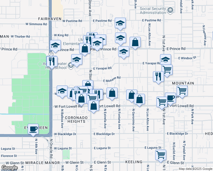 map of restaurants, bars, coffee shops, grocery stores, and more near 137 East Mohave Road in Tucson