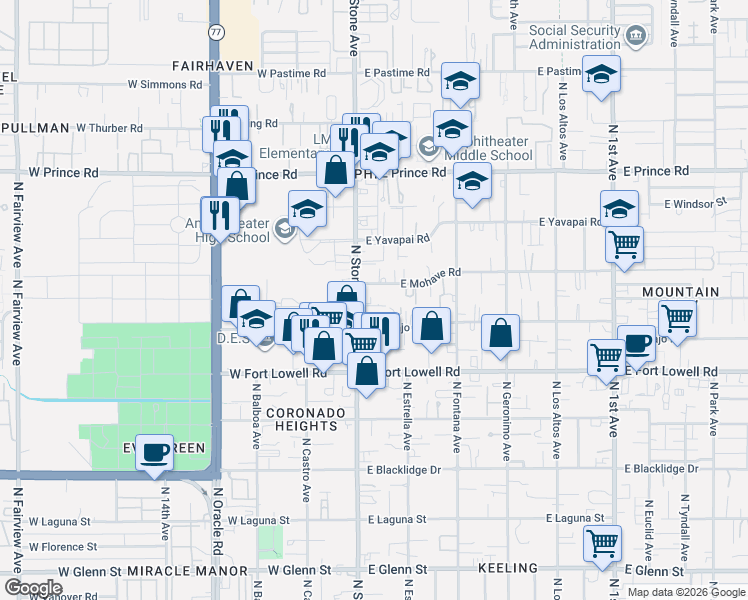 map of restaurants, bars, coffee shops, grocery stores, and more near 30 East Mohave Road in Tucson