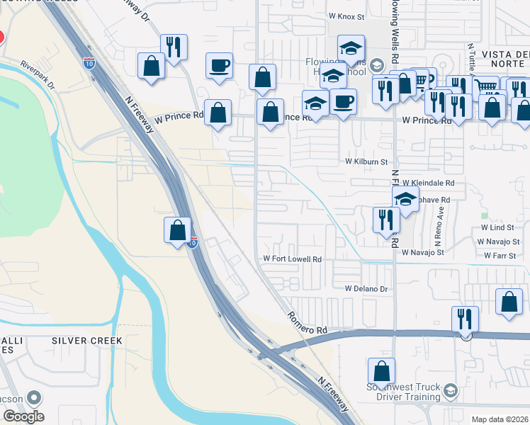 map of restaurants, bars, coffee shops, grocery stores, and more near 3332 North Romero Road in Tucson