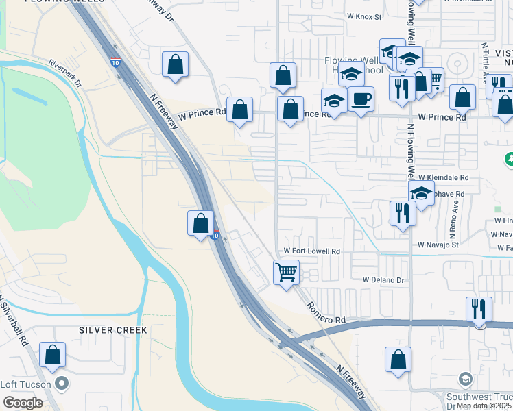map of restaurants, bars, coffee shops, grocery stores, and more near 3241 North Romero Road in Tucson