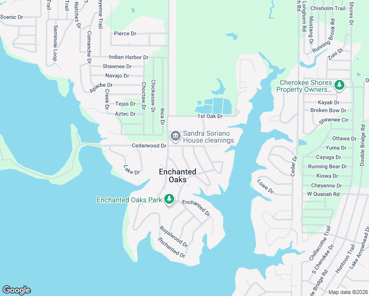 map of restaurants, bars, coffee shops, grocery stores, and more near 205 Cedarwood Drive in Enchanted Oaks