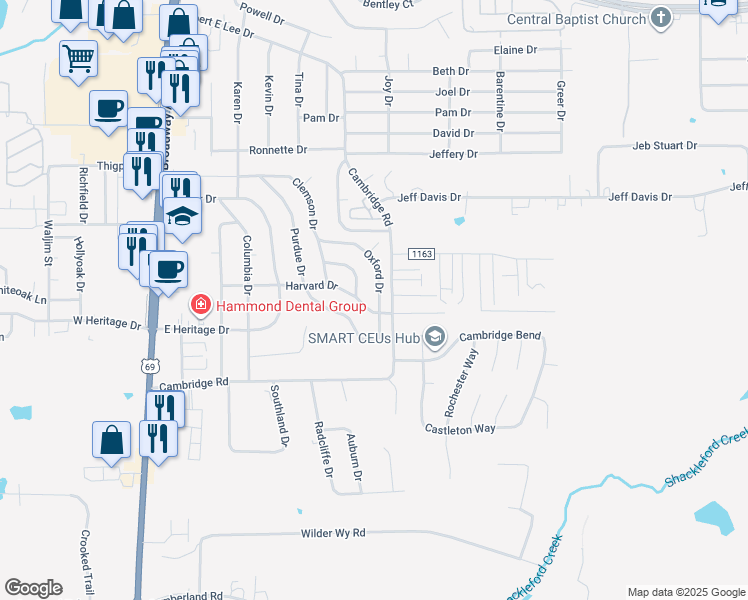 map of restaurants, bars, coffee shops, grocery stores, and more near 8315 Oxford Drive in Tyler