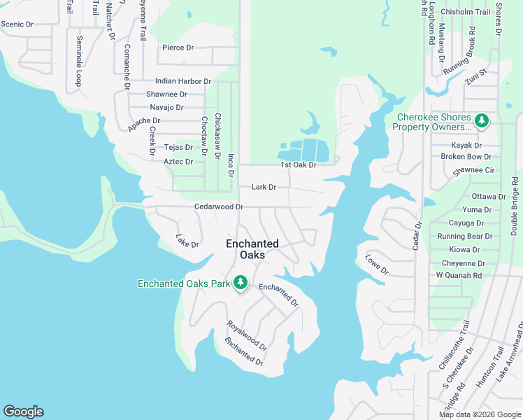 map of restaurants, bars, coffee shops, grocery stores, and more near 205 Cedarwood Drive in Enchanted Oaks
