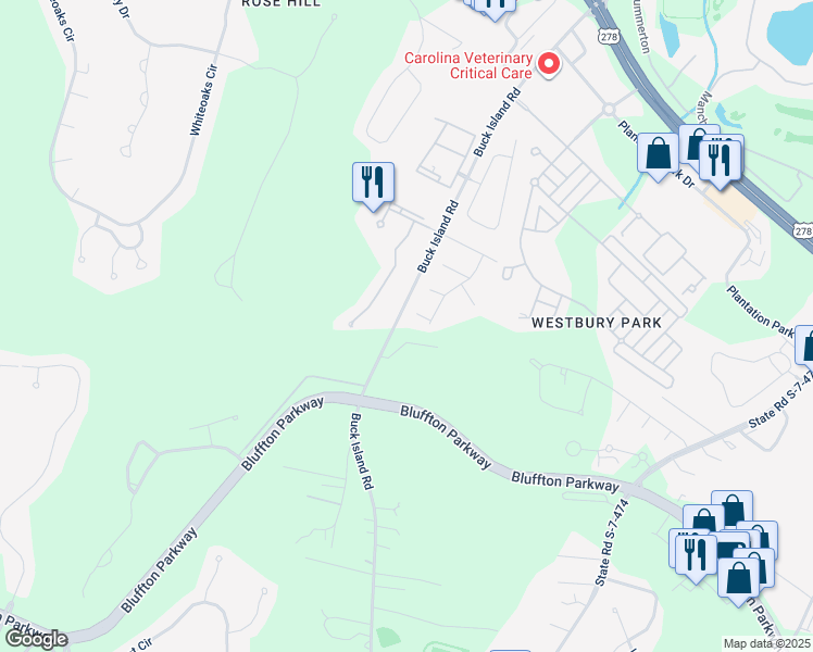 map of restaurants, bars, coffee shops, grocery stores, and more near 119 Buck Island Road in Bluffton